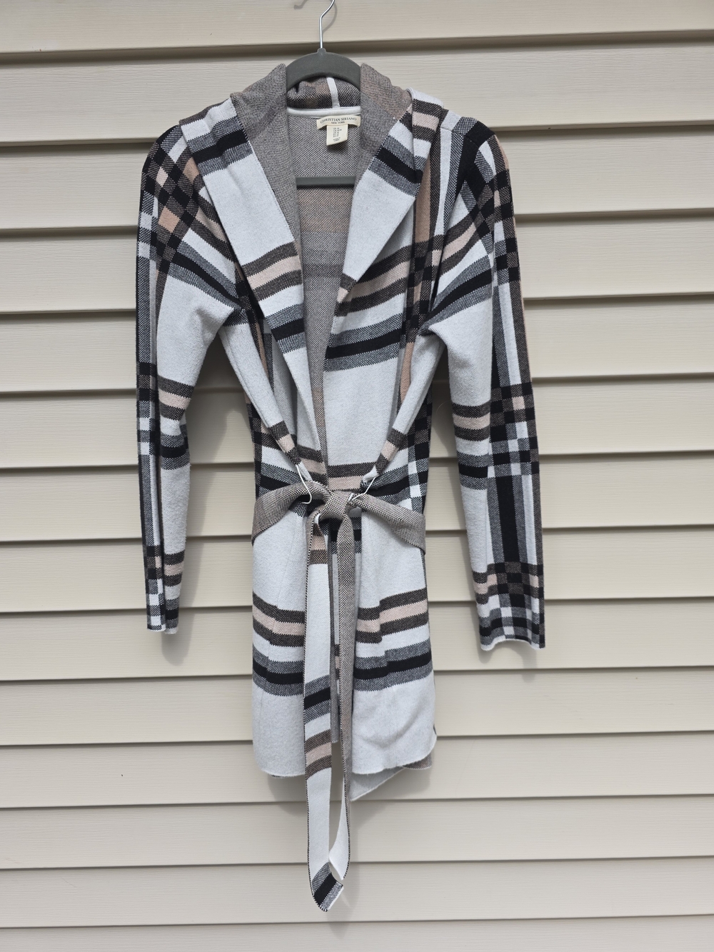 Christian Siriano Plaid Hooded Belted Cardigan in Gray, Black & Brown